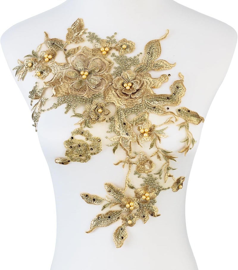 Silvora Colorful Flower Fabric Beaded Lace Applique,3D Embroidered Flower Fabric Patch for Bridal Dress, Handmade Sewing Tool for Wedding DIY Crafts(Gold-1) - Image 1